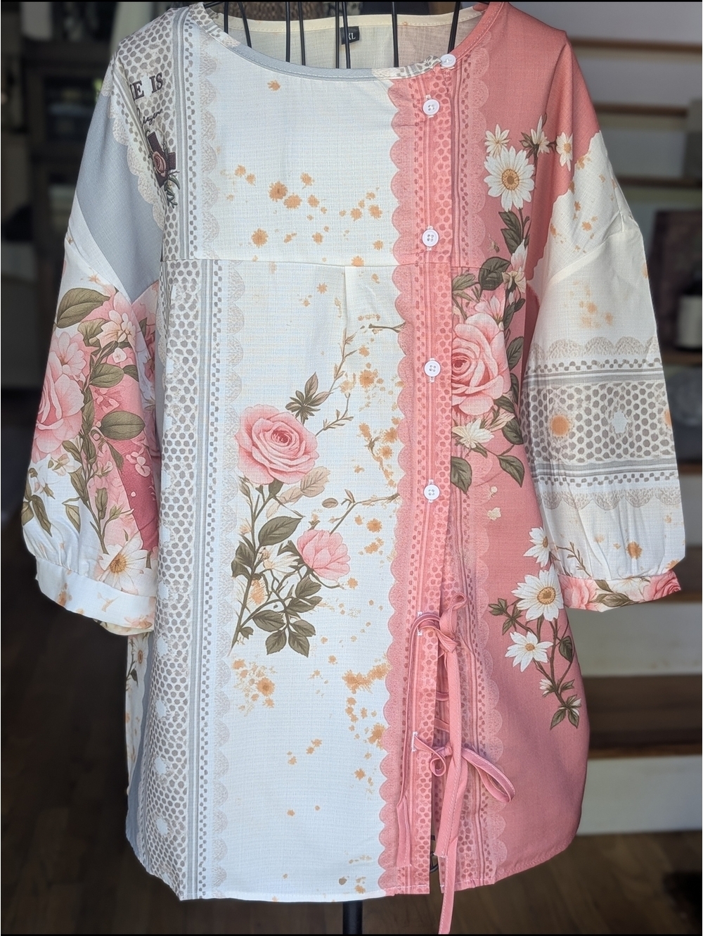 Floral Button-Front Tunic with Pink Rose Print